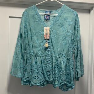 NWT - Johnny Was Teal Embroidered Blouse